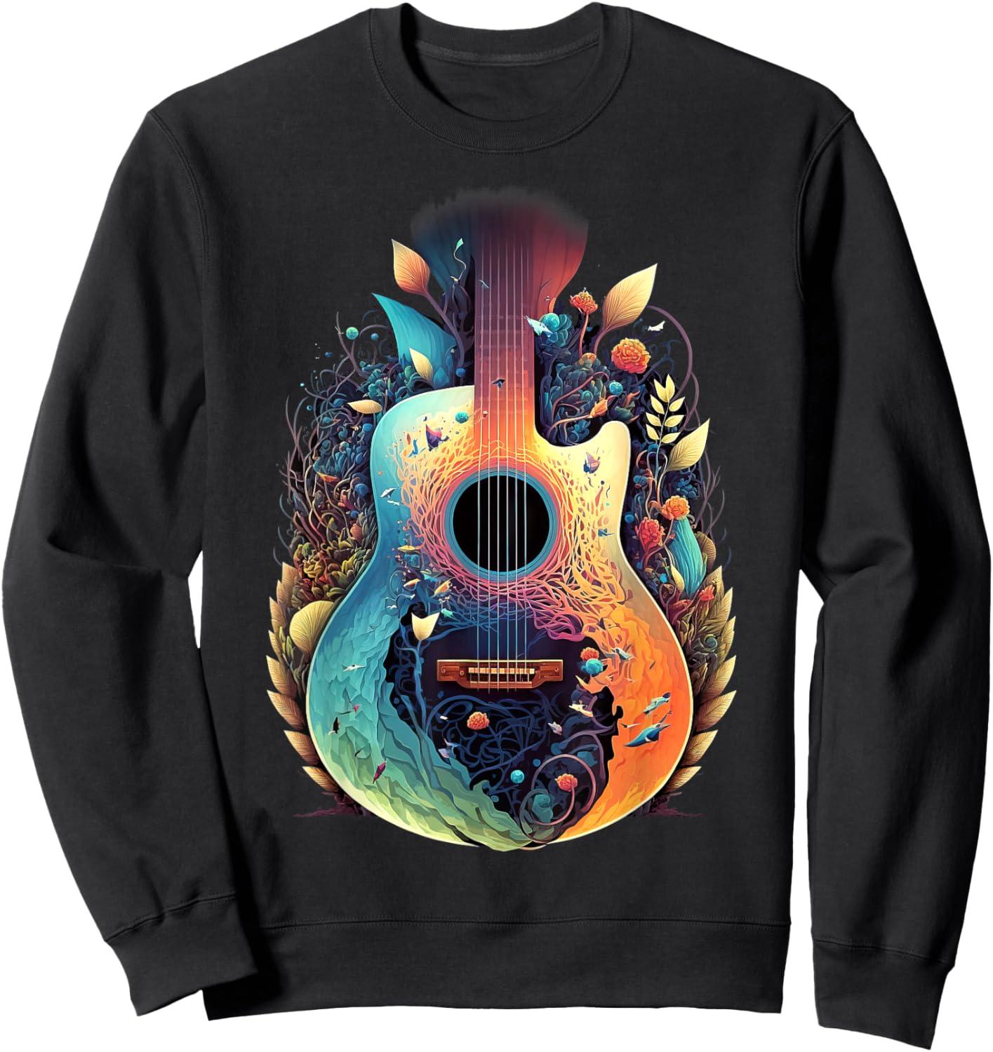Guitar Graphic Music Lover - Acoustic Guitar Musician Floral Sweatshirt - Sweatshirt | Black