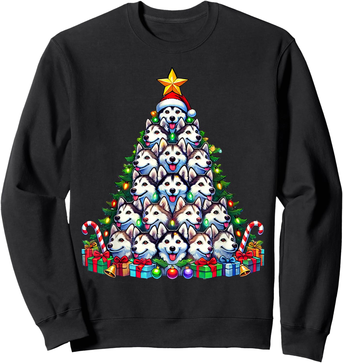 Siberian Husky Dog Christmas Tree Funny Husky Xmas Sweatshirt - Sweatshirt | Black