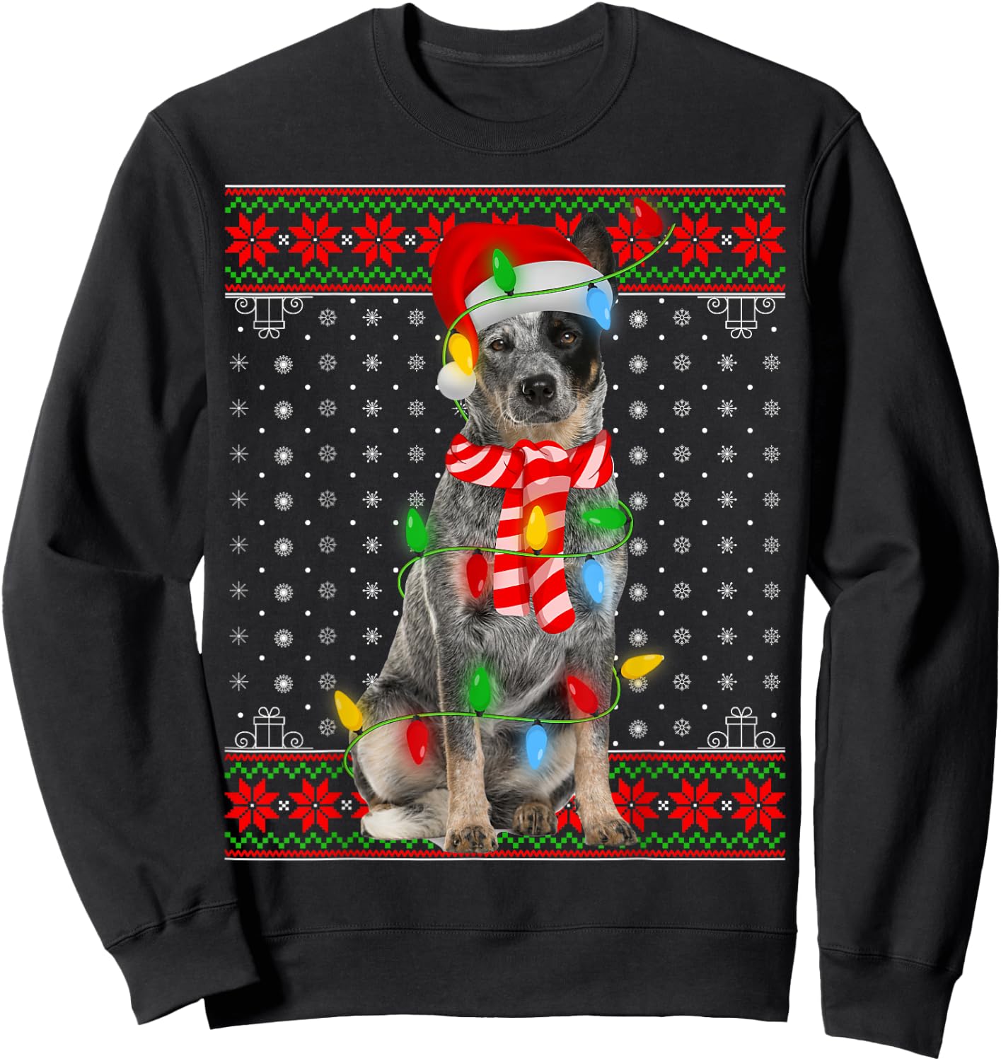 Ugly Xmas Dog Lights Santa Hat Blue Heeler Dog Christmas Men Women Girls Kids Sweatshirt - Sweatshirt | Black