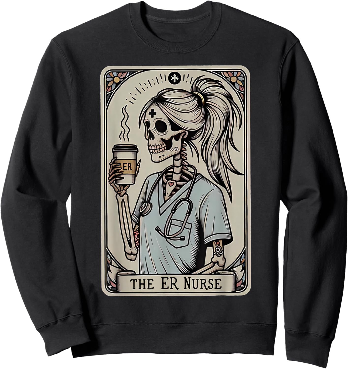 Skeleton Emergency Room Nurse Halloween Tarot Card Nursing Sweatshirt - Sweatshirt | Black