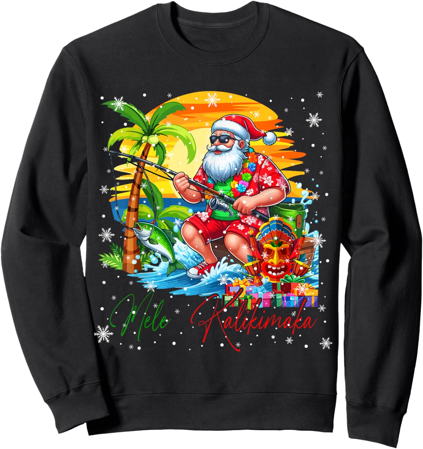 Mele Kalikimaka Hawaiian Santa Sunglasses Fishing Christmas Sweatshirt - Sweatshirt | Black