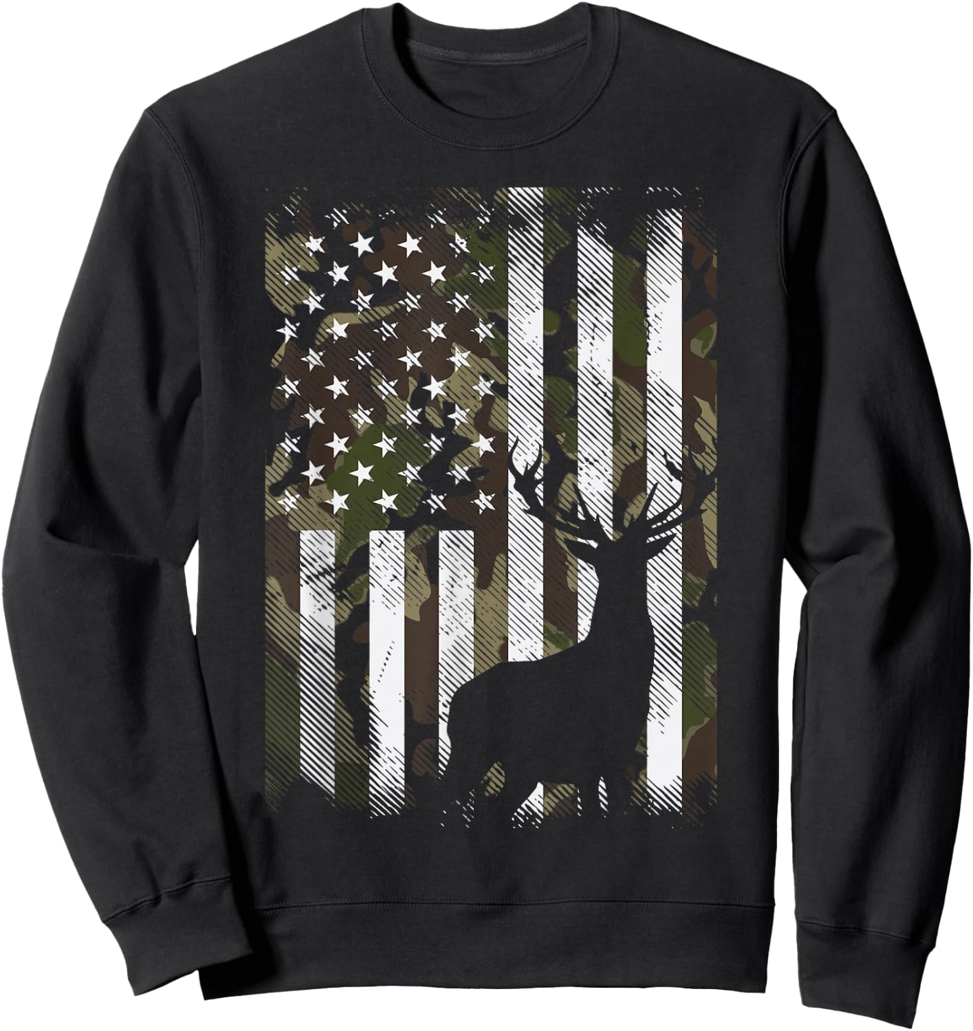 Camo US Flag Deer Elk Buck Camoflage Hunting Hunter Dad Gift Short Sleeve Sweatshirt - Sweatshirt | Black
