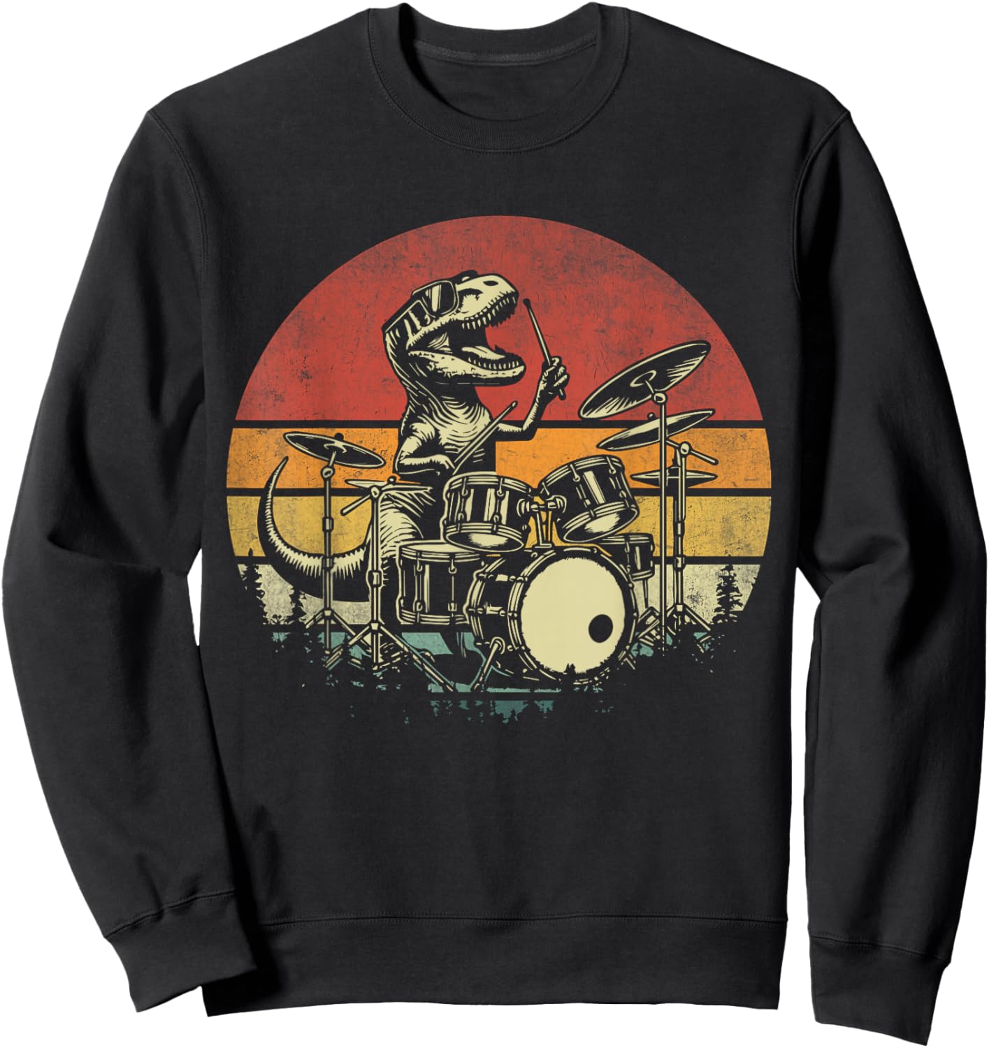 Funny Retro Trex Drummer Rock Drummer T-rex Playing Drums Sweatshirt - Sweatshirt | Black