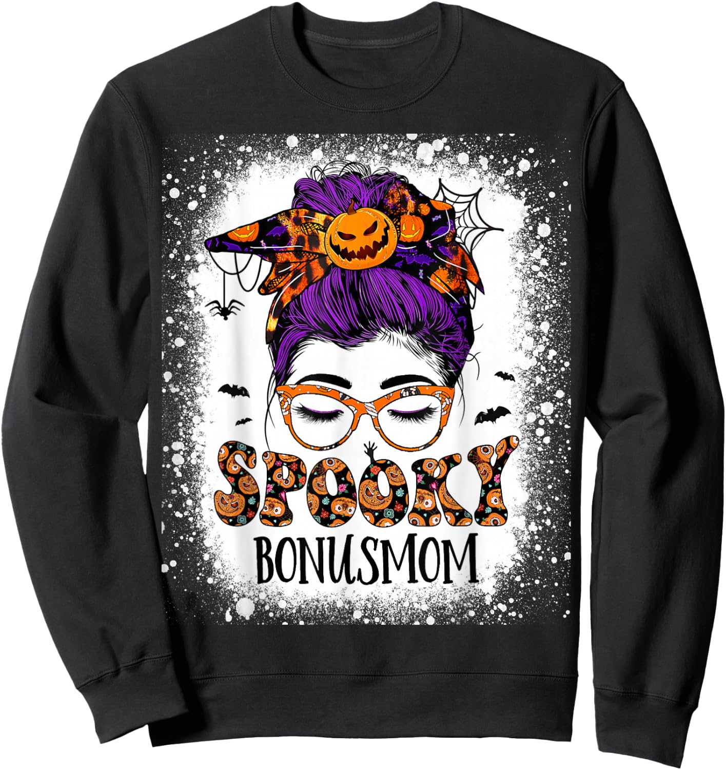 Spooky Bonus mom Halloween Messy Hair Woman Bun Bleached Sweatshirt - Sweatshirt | Black
