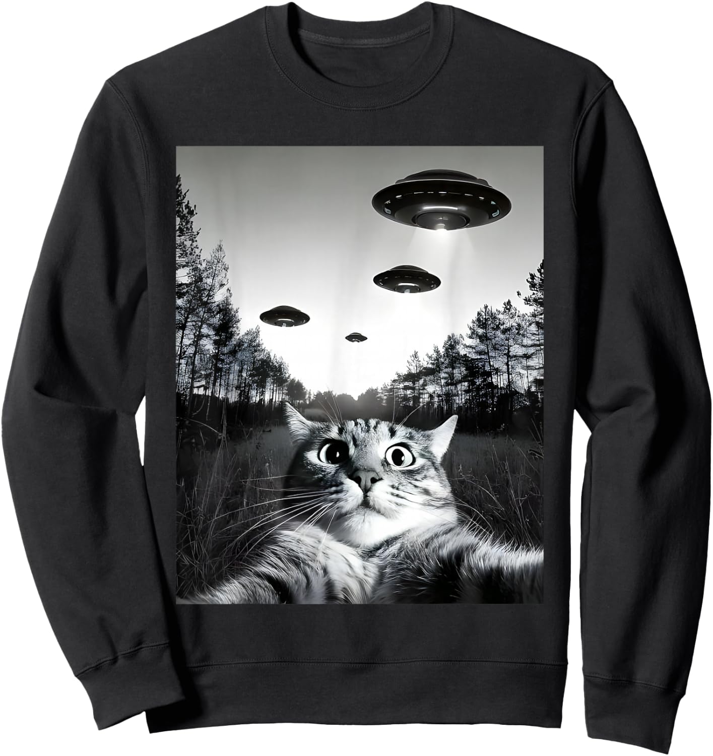 Funny Cat Selfie with UFOs Sweatshirt - Sweatshirt | Black