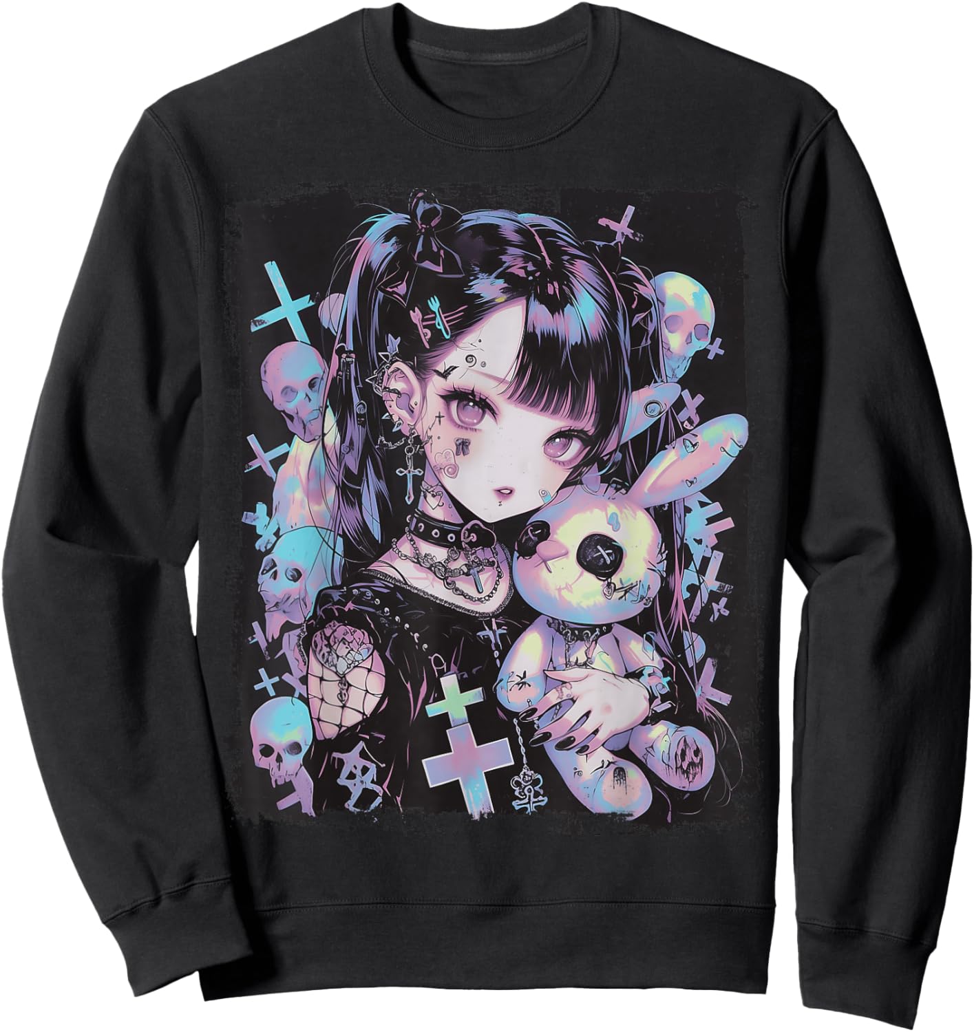 Anime Girl Goth Bunny Cute E-Girl Gothic Outfit Grunge Sweatshirt - Sweatshirt | Black