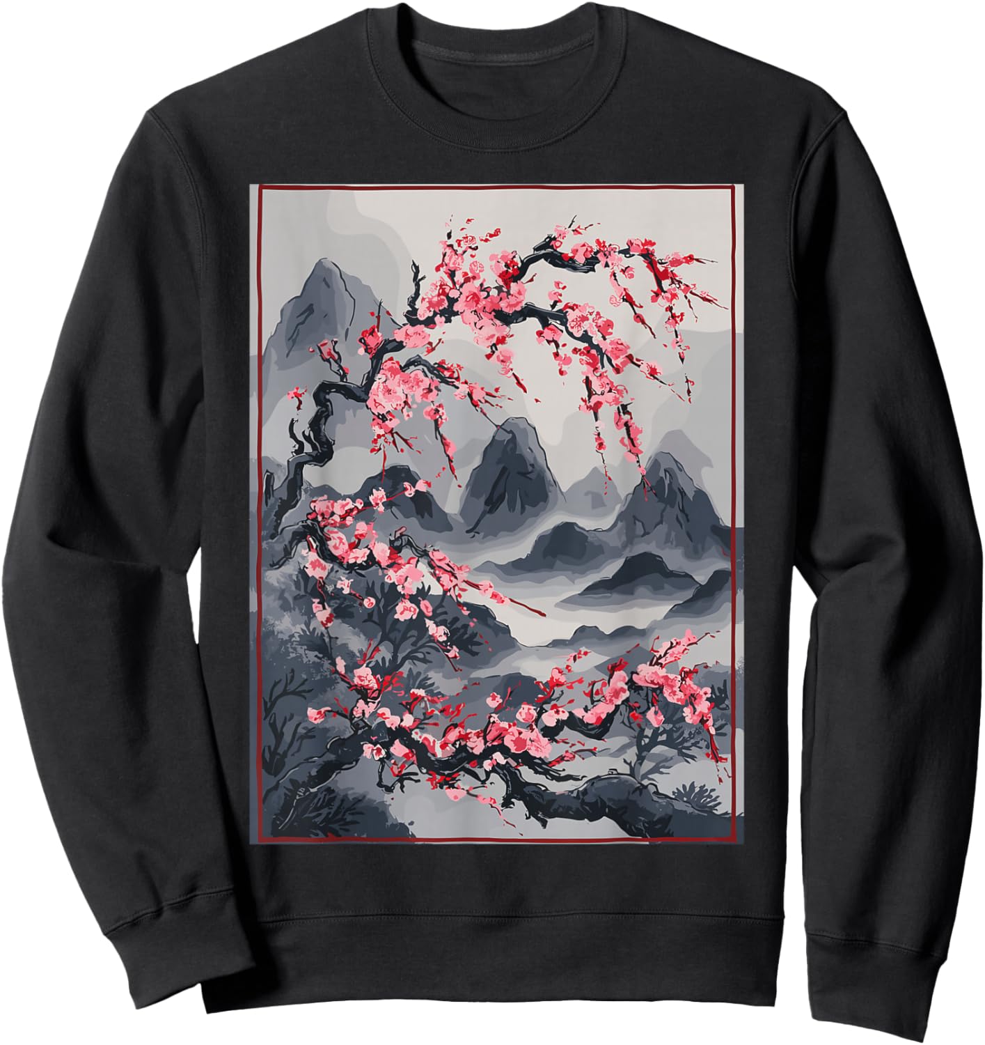 Vintage Cherry Blossom Landscape - Japanese Graphical Art Sweatshirt - Sweatshirt | Black