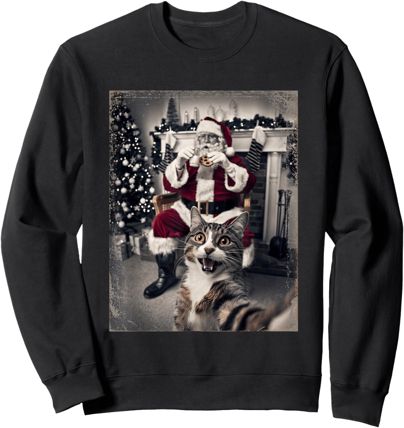 Funny Xmas Cat Selfie Santa Ugly Sweater Christmas Outfit Sweatshirt - Sweatshirt | Black