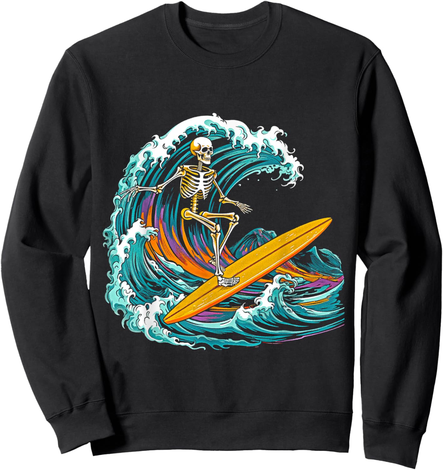 Skull Skeleton Surfer Wave Beach Vintage Funny 80s 80s Sweatshirt - Sweatshirt | Black
