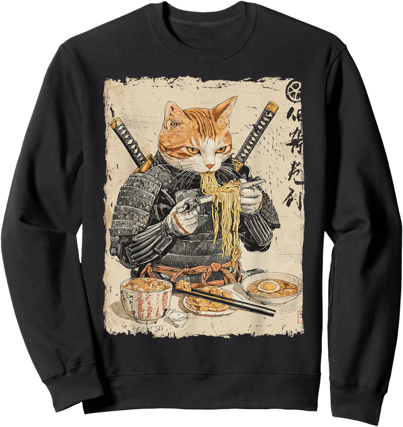 Samurai Cat Loves Ramen Funny Anime Japanese Artwork Samurai Sweatshirt - Sweatshirt | Black