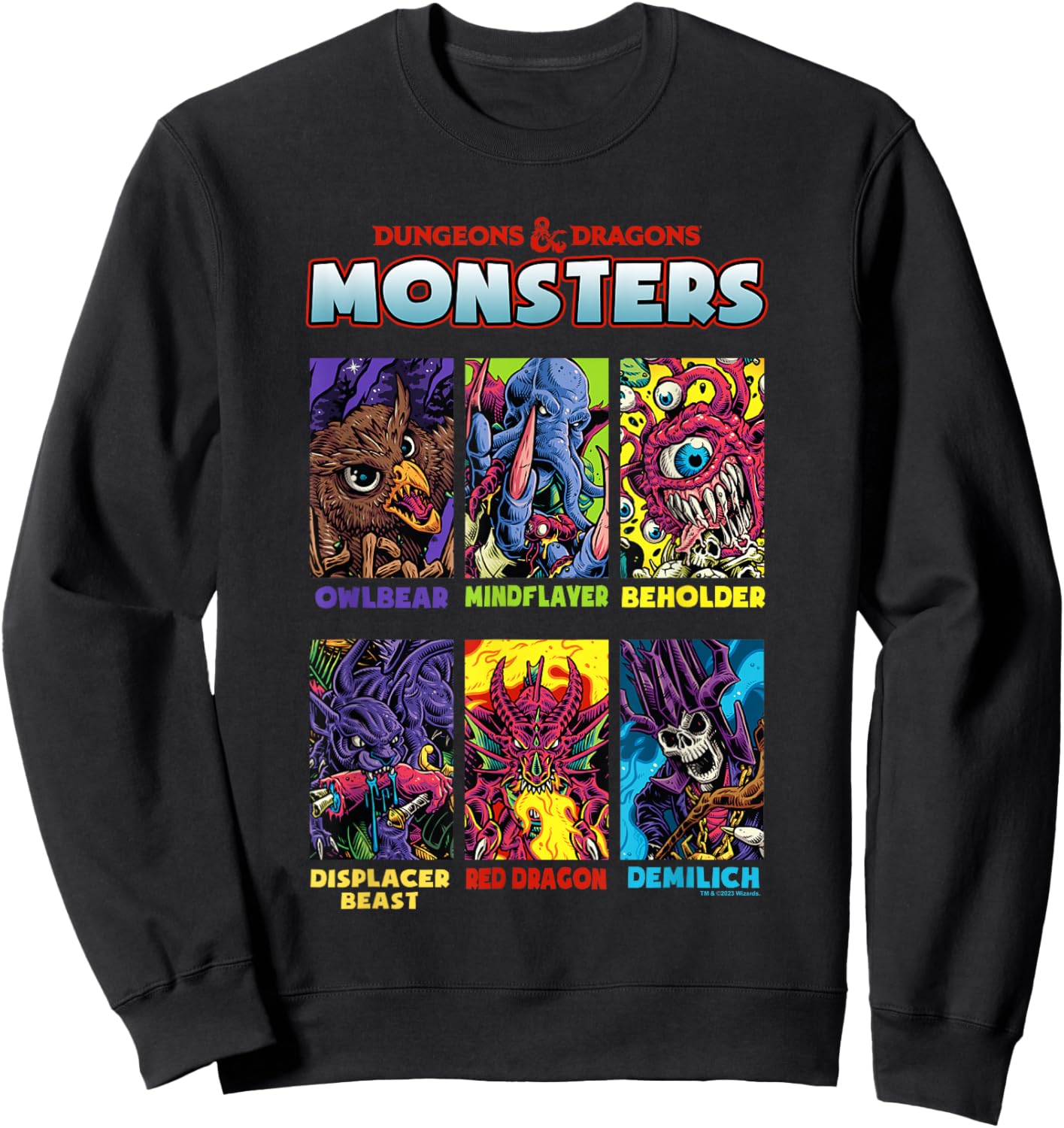 Dungeons & Dragons Retro Neon Monsters Stacked Yearbook Sweatshirt - Sweatshirt | Black
