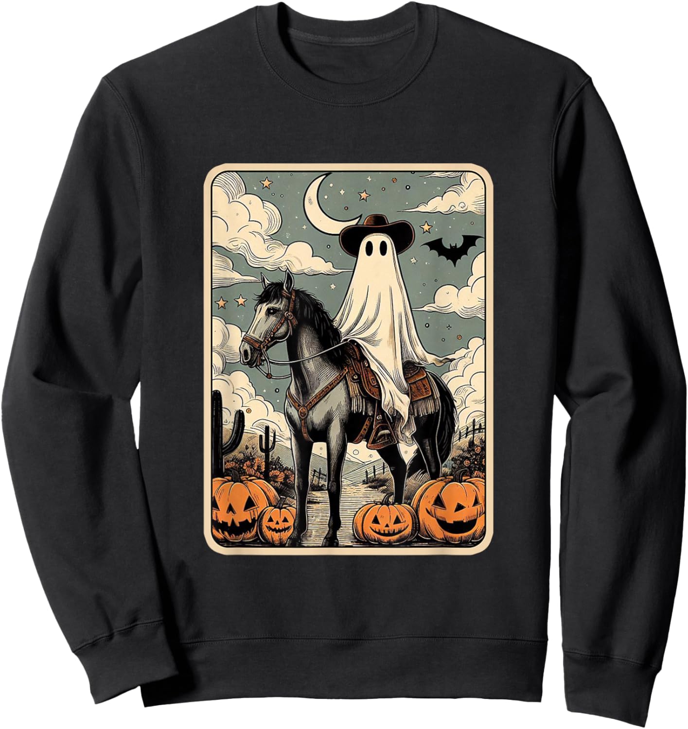 Cowboy Ghost Riding Horse Funny Tarot Card Halloween Season Sweatshirt - Sweatshirt | Black
