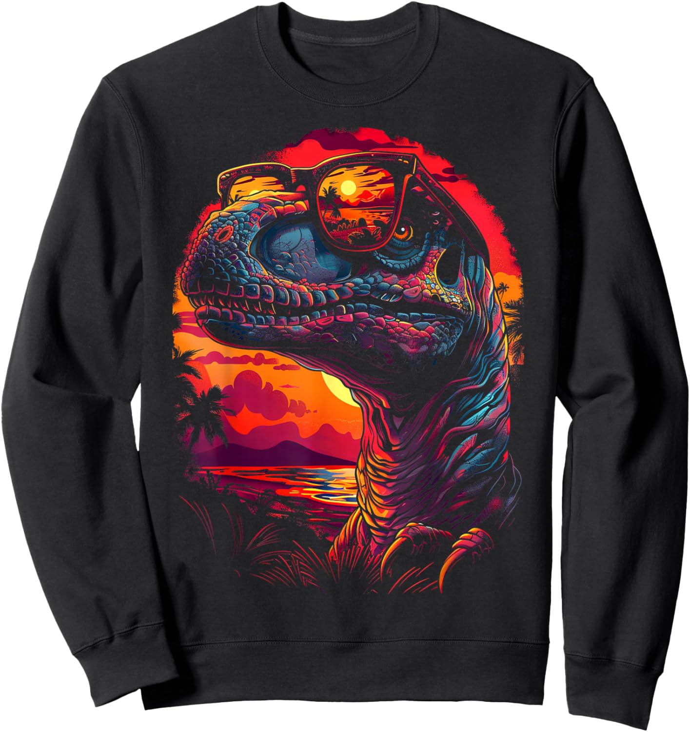 Dinosaur Wearing Shades Funny Vintage Graphic Sweatshirt - Sweatshirt | Black