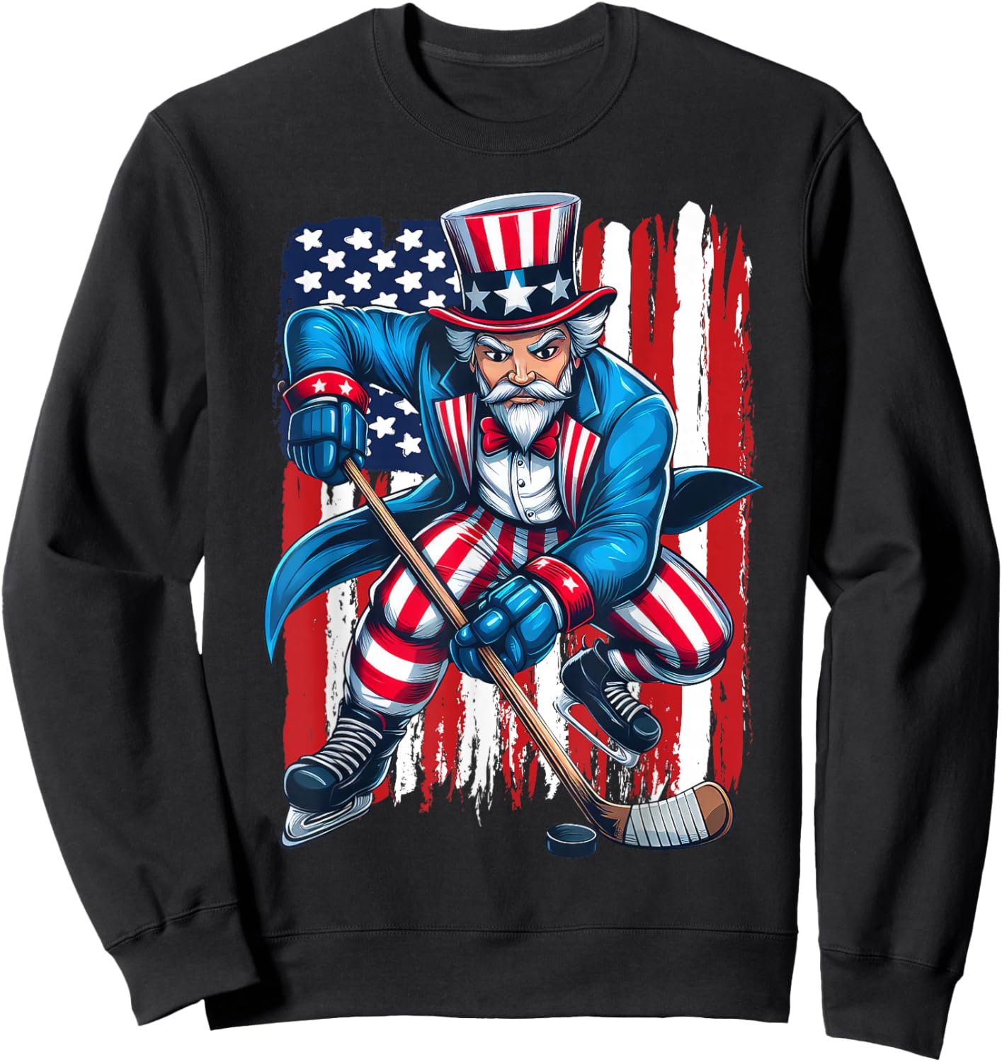 Uncle Sam Hockey Player 4th of July American Flag Sweatshirt - Sweatshirt | Black