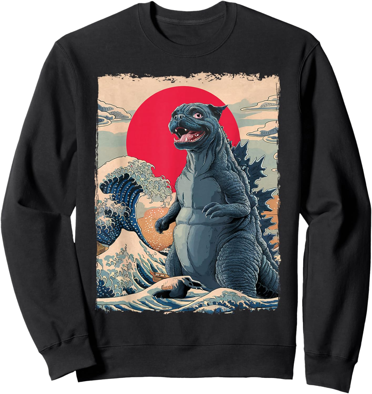 Pug Dog Funny Pugzilla Japanese Wave Art Sweatshirt - Sweatshirt | Black