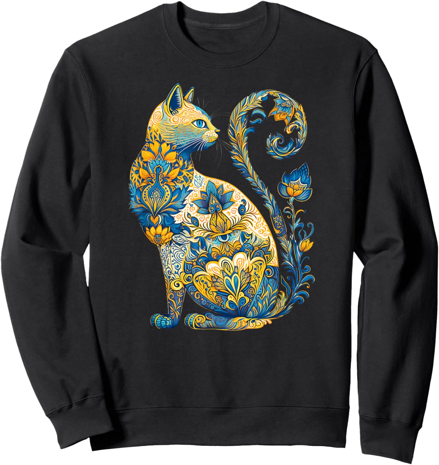 Ukrainian Cat Floral Vintage Ukraine Flag & Vyshyvanka Style Sweatshirt - Sweatshirt | Black