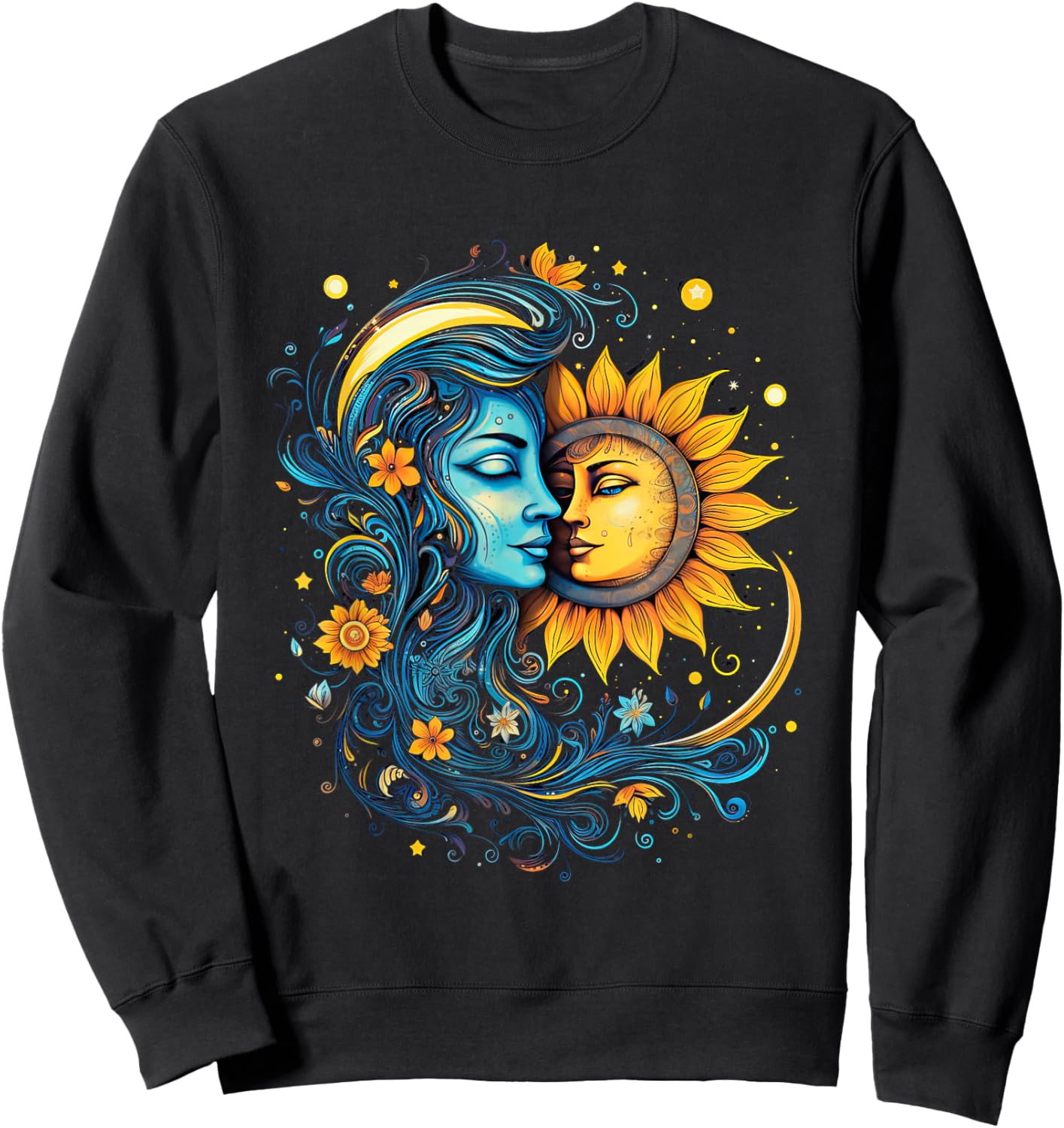 Mystic Sun and Moon Woman Mystical Flowers Aesthetic Sweatshirt - Sweatshirt | Black