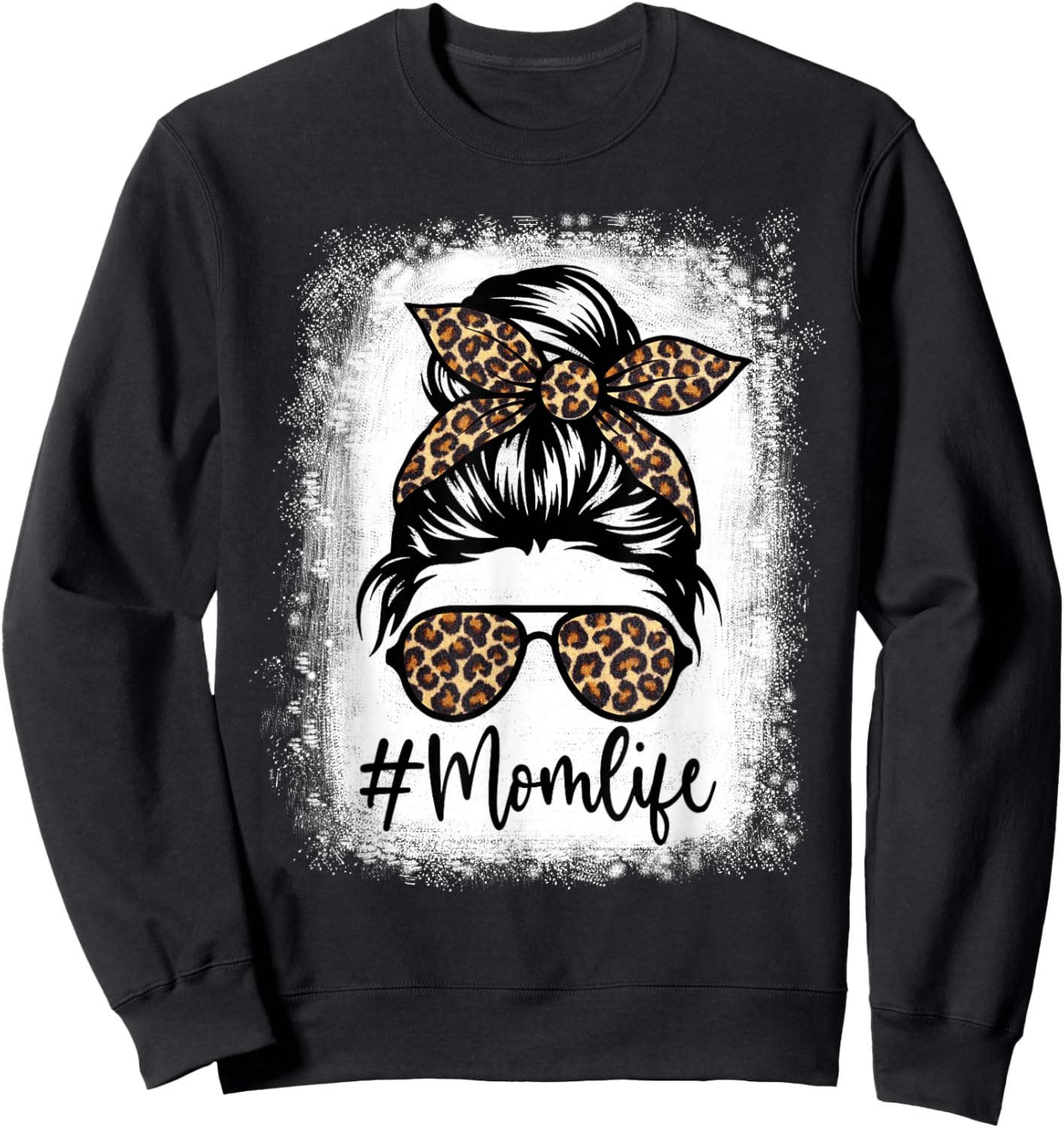 Women Mom Life Bleached Shirt Mom Life Leopard Messy Bun Sweatshirt - Sweatshirt | Black