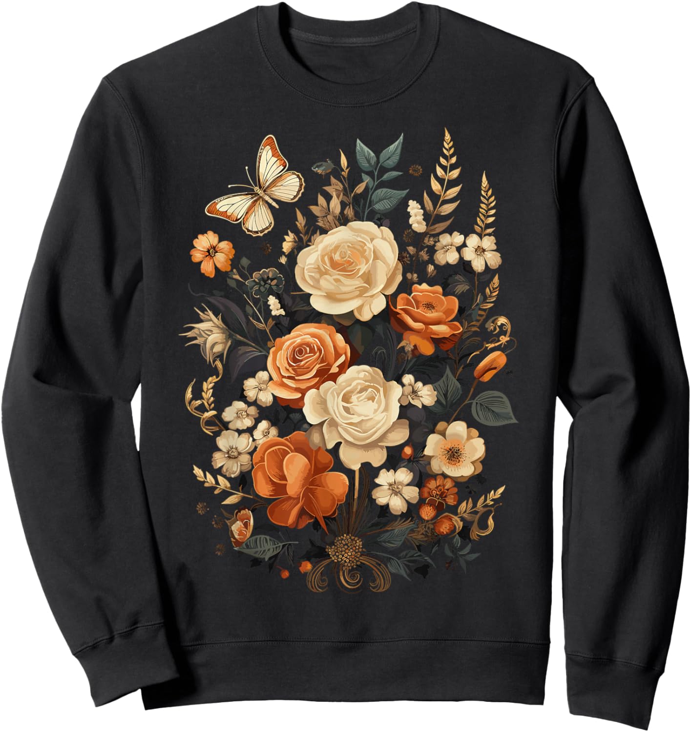Vintage Pressed Flowers Butterflies Floral Boho Wildflowers Sweatshirt - Sweatshirt | Black