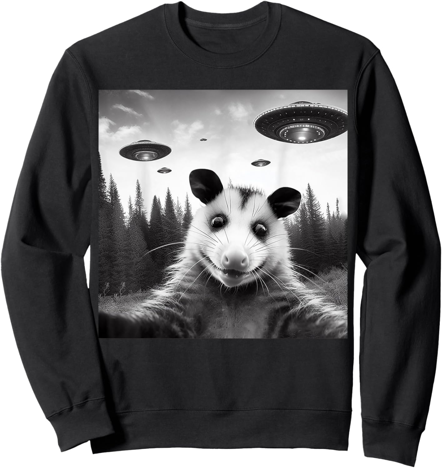 Opossum Selfie With Alien UFO Funny Gifts Women Kid Sweatshirt - Sweatshirt | Black