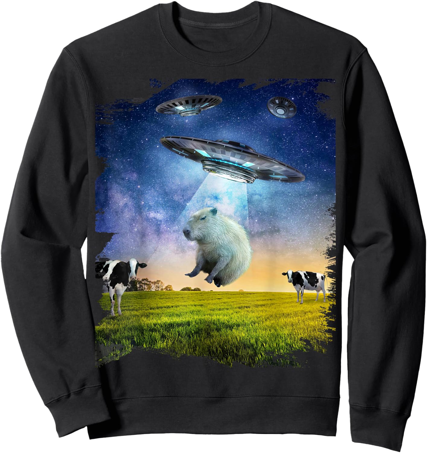 Random Galaxy Capybara UFO Abduction Abducting Funny , Men's -Adults, Black, Small, Short Sleeve, Regular Fit, Cotton, Polyester Sweatshirt - Sweatshirt | Black