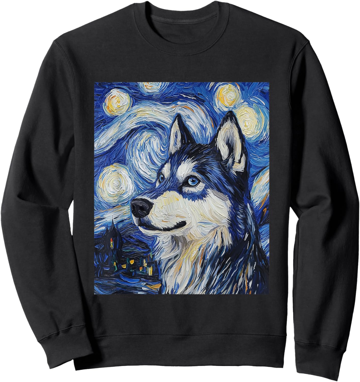 Siberian Husky Dog Wolf Van Gogh Style Starry Night Sweatshirt - Sweatshirt | Black