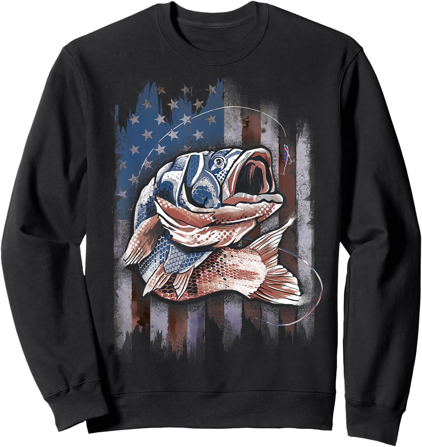 Patriotic Fishing 4th of July Men Amercian Flag Bass Fishing Sweatshirt - Sweatshirt | Black