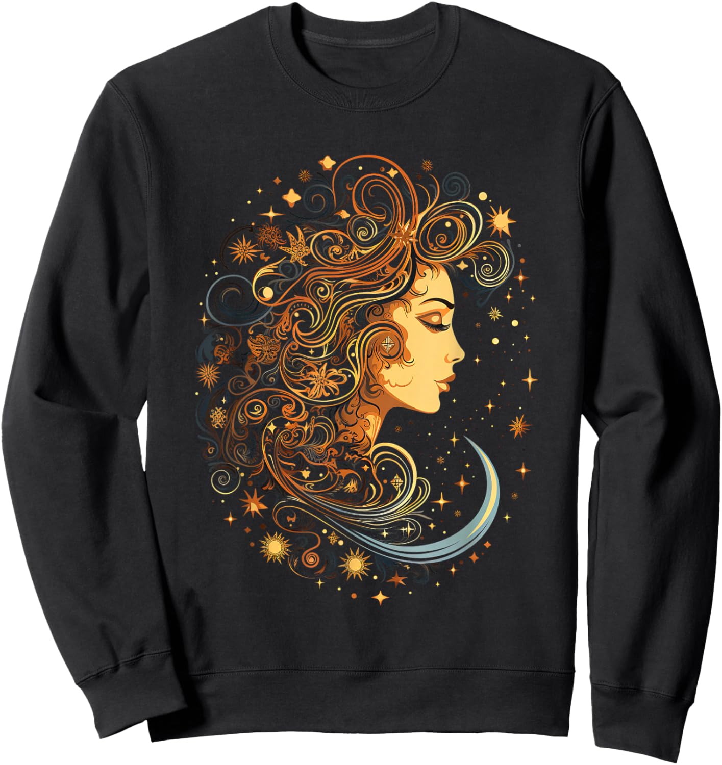 Mystic Sun and Moon Woman Mystical Flowers Aesthetic Sweatshirt - Sweatshirt | Black