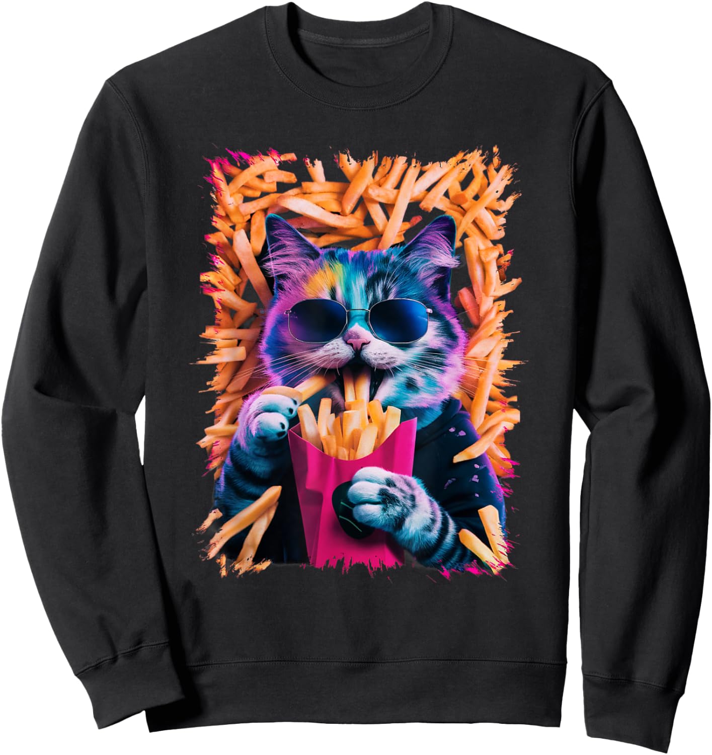 Funny Cat French Fries Humorous Potato Food Lovers Women Kids Sweatshirt - Sweatshirt | Black