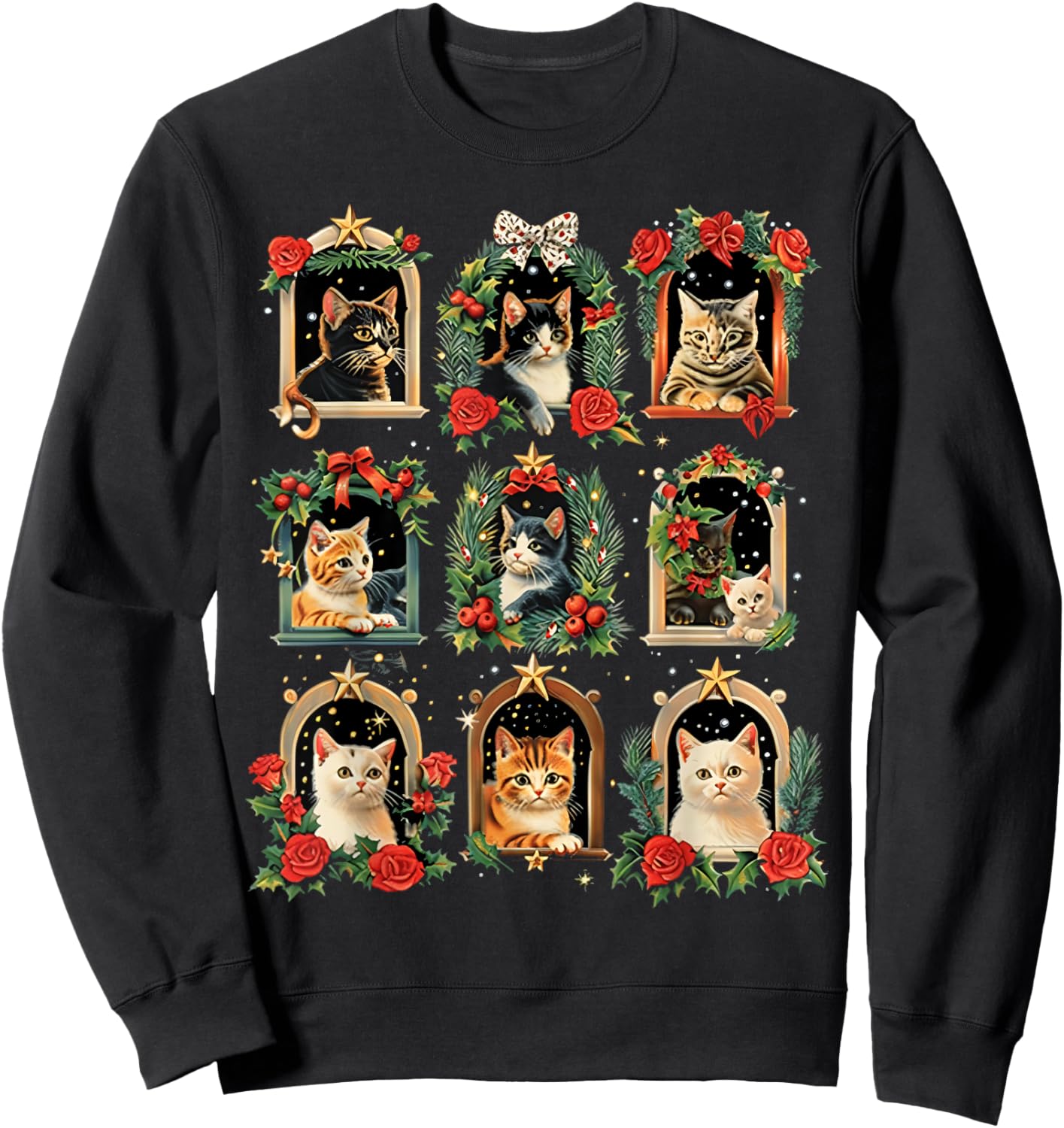 Vintage Kitten Christmas Cats, Cat Mom, Cat Dad Women Men Sweatshirt - Sweatshirt | Black