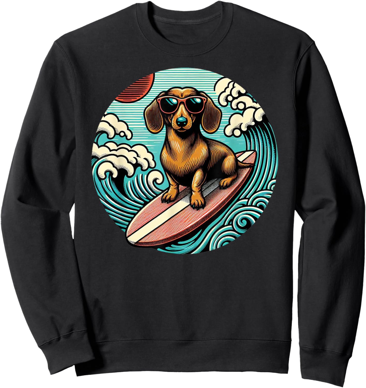 Red Dachshund Surfing Summer Vibes Ocean Beach Surfer Wave Sweatshirt - Sweatshirt | Black