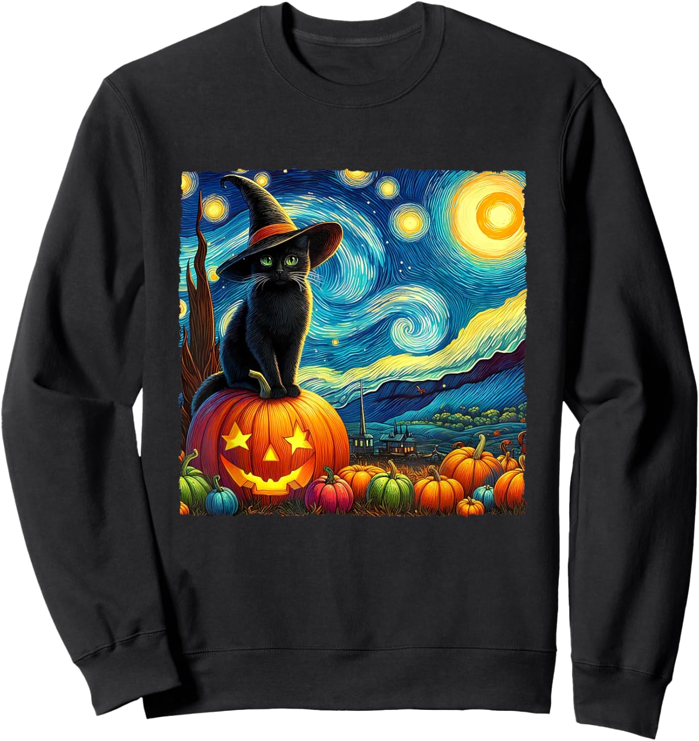 Halloween Van Gogh Starry Night Black Cat Witch Hat Pumpkins Sweatshirt - Sweatshirt | Black
