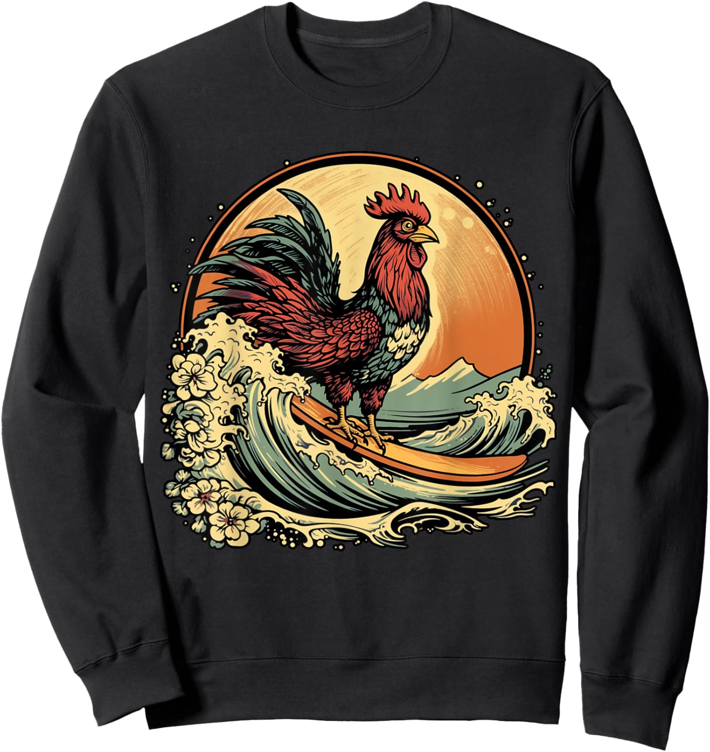 Cool, Funny, Surfing Rooster, Surf, Chicken, Cockerel Sweatshirt - Sweatshirt | Black