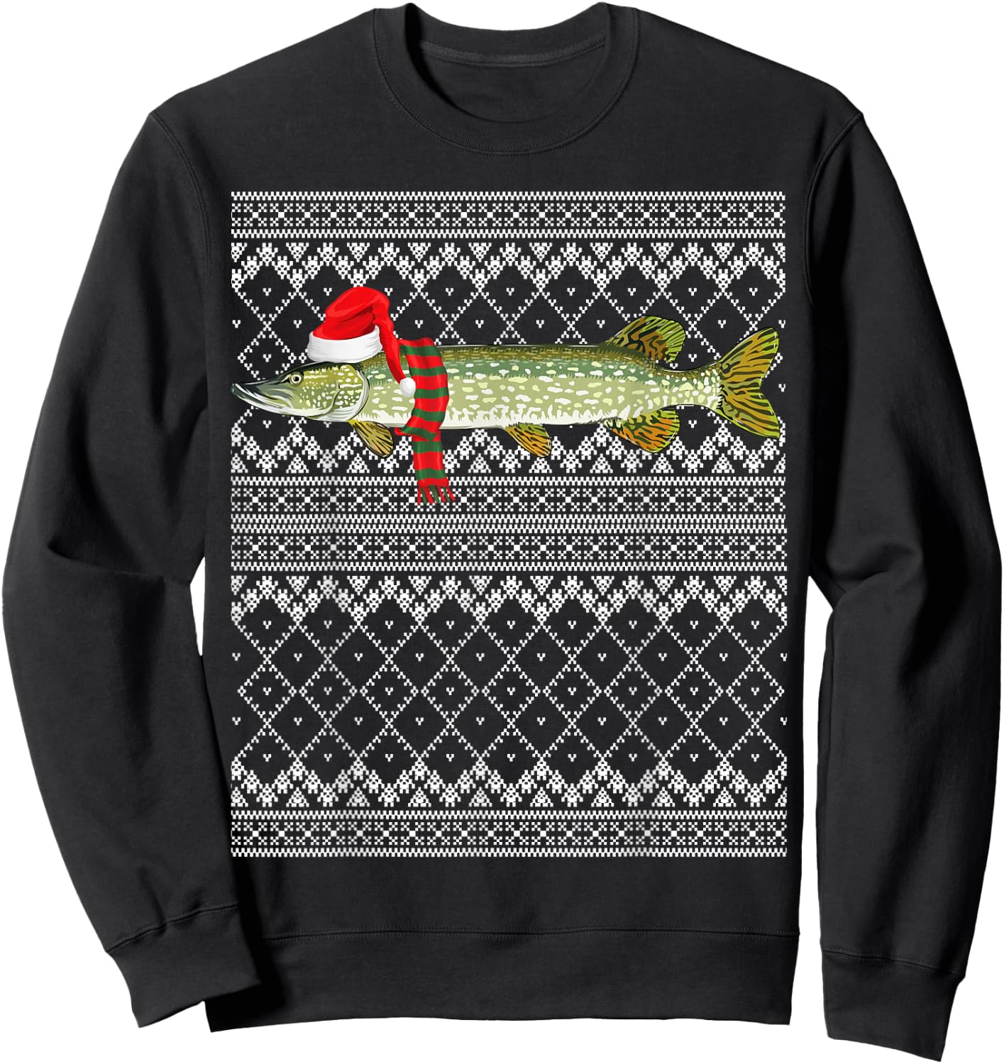 Xmas Fish Santa Hat Northern Pike Ugly Christmas Sweatshirt - Sweatshirt | Black