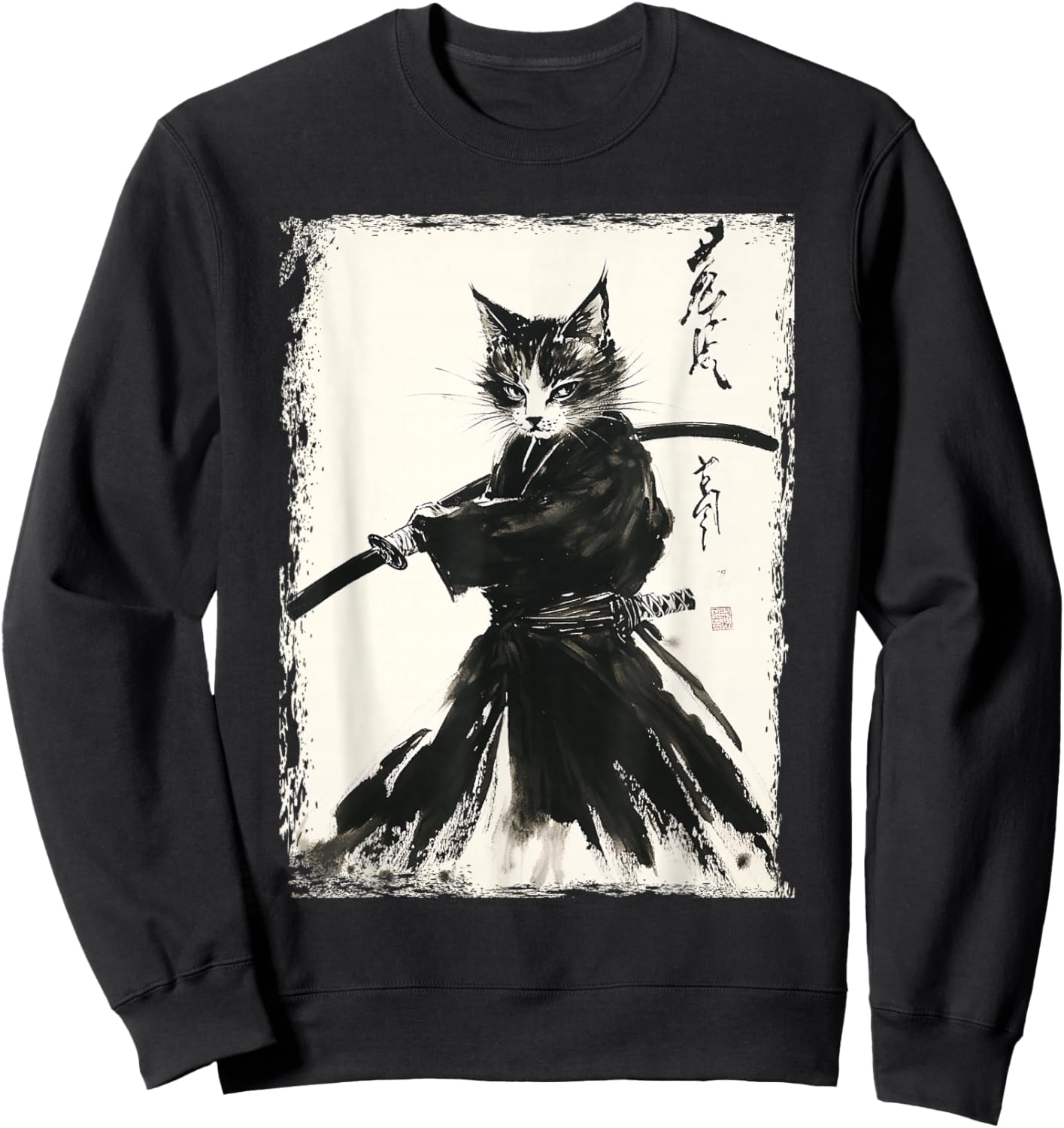 Samurai Cat Ukiyo-e Vintage Art Warrior Graphic Sweatshirt - Sweatshirt | Black