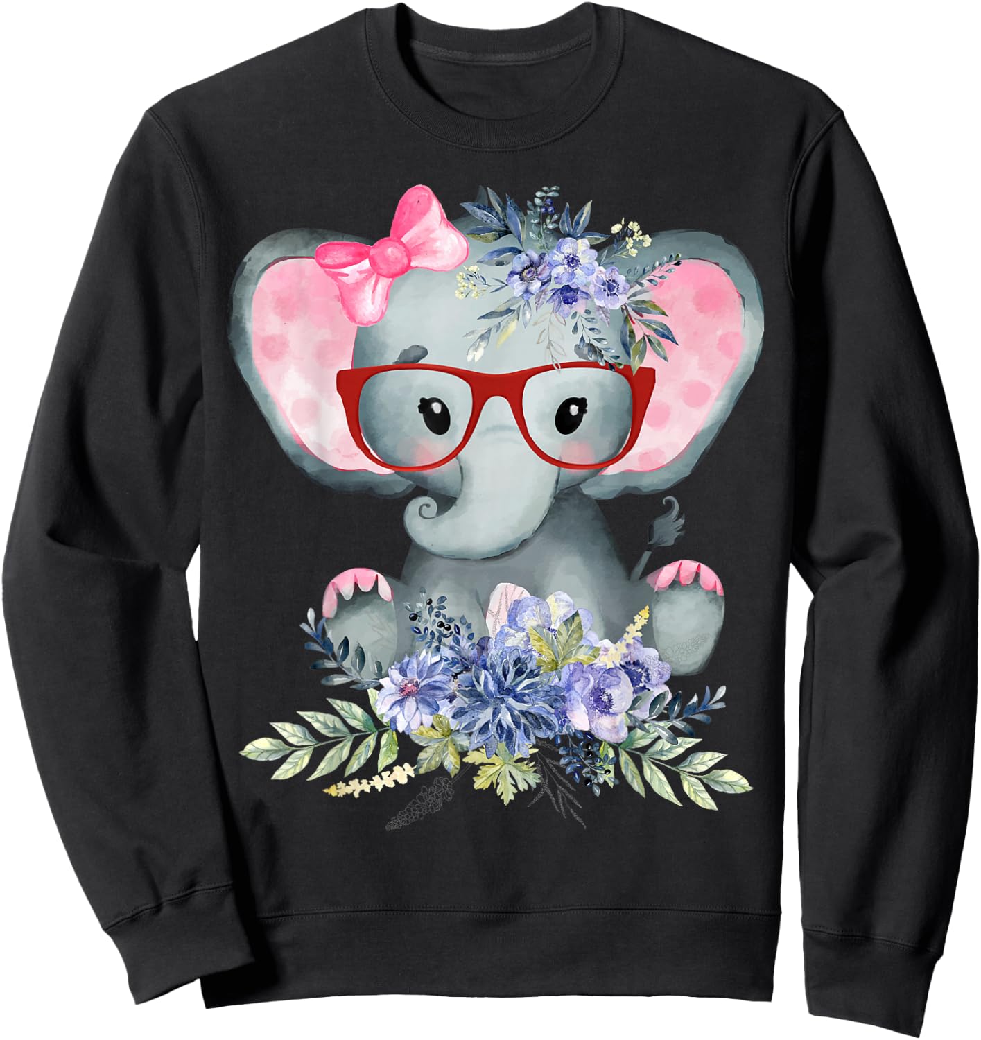 Cute Girl Baby Elephant Wearing Bow Tie & Glasses w/ Flowers Sweatshirt - Sweatshirt | Black