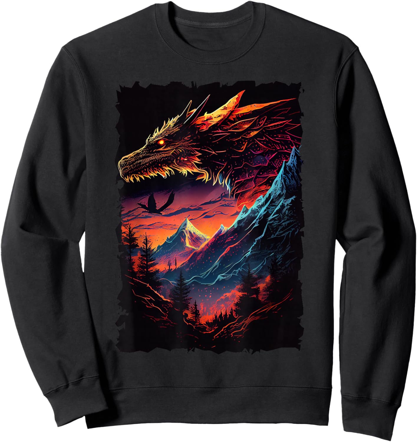 Dragon with Mountain Sunset Retro Fantasy Adventure Design Sweatshirt - Sweatshirt | Black