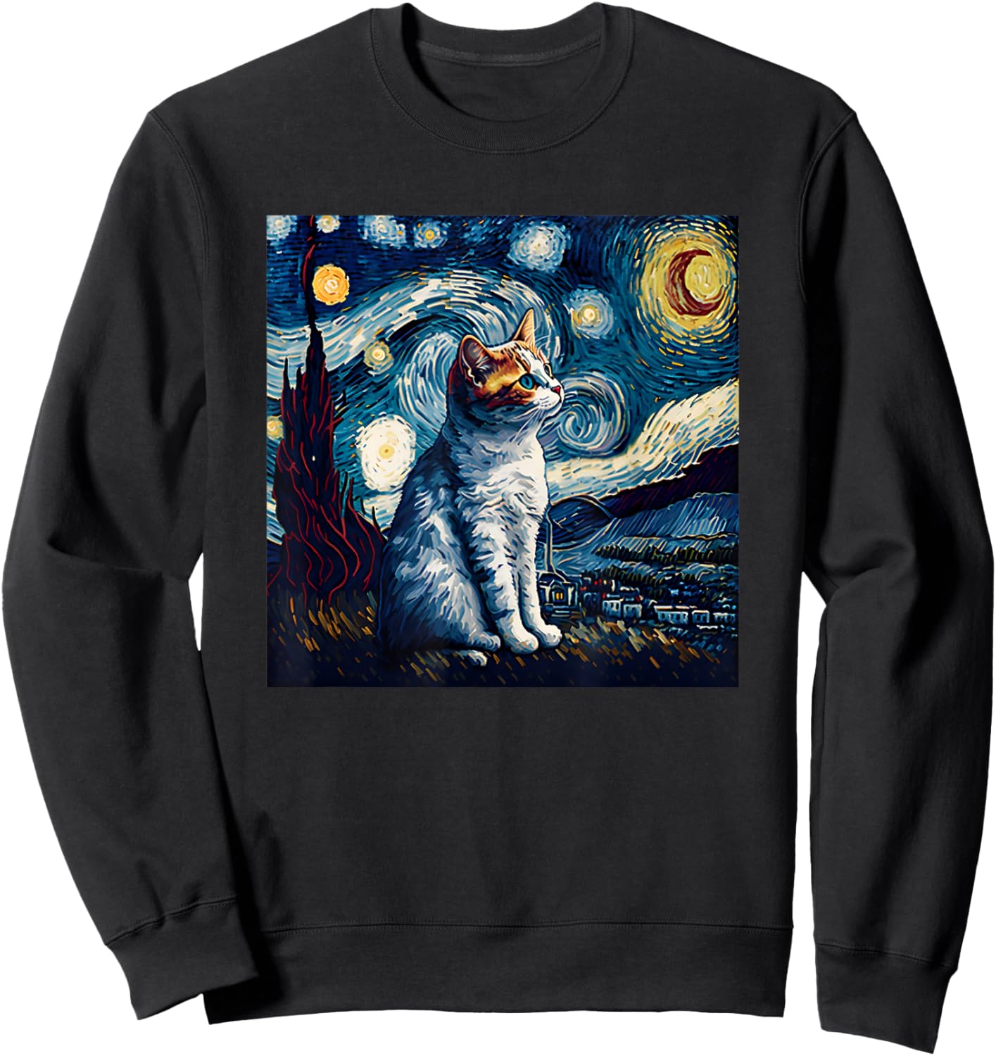 Starry Night Cat Van Gogh Funny Cat Lover Mom Dad Sweatshirt - Sweatshirt | Black