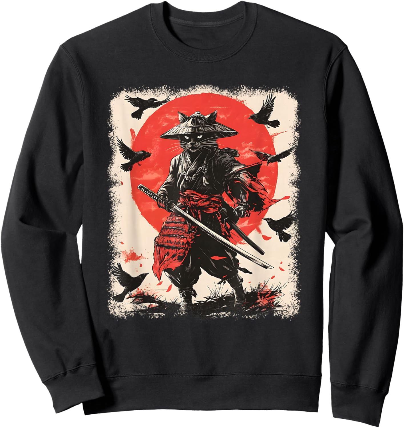 Samurai Cat, Japanese Warrior Art | Anime & Vintage Samurai Sweatshirt - Sweatshirt | Black