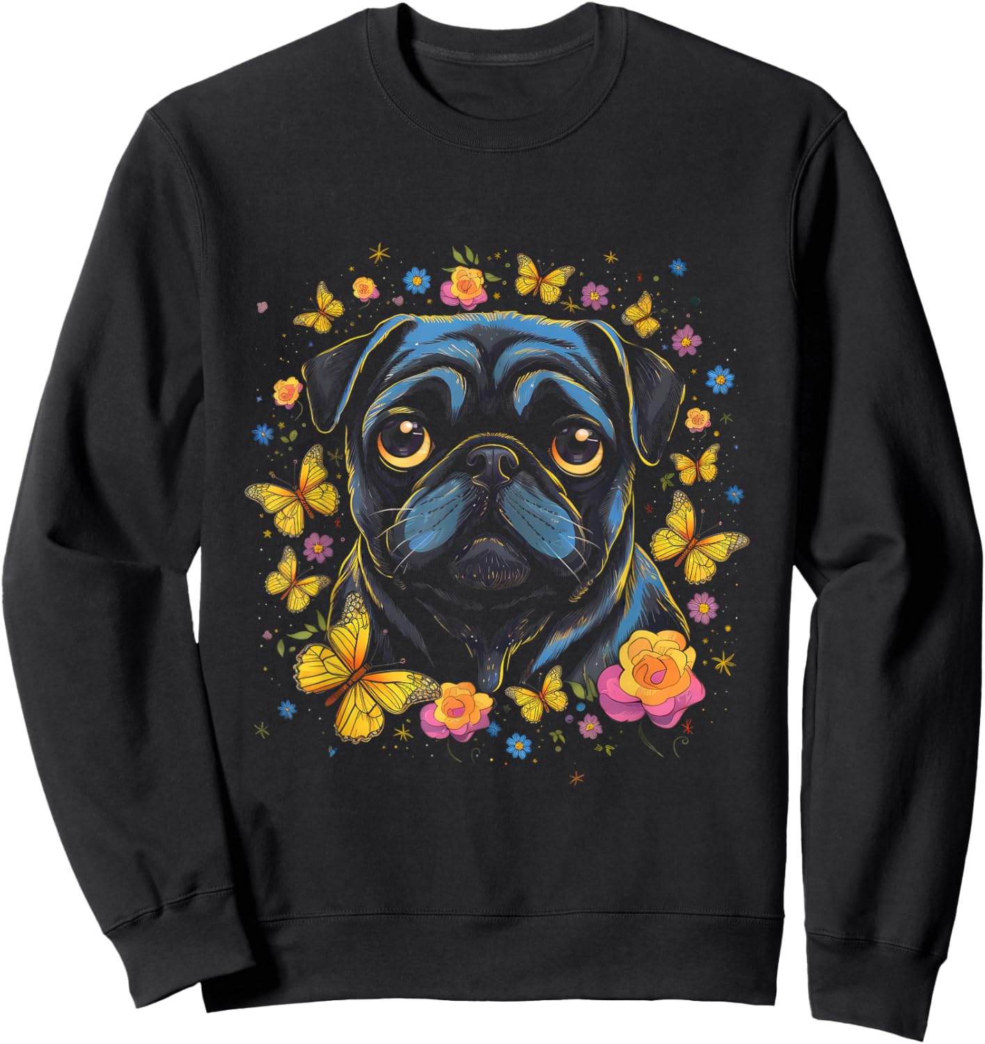 Black Pug with Butterflies and Flowers Retro Design Sweatshirt - Sweatshirt | Black