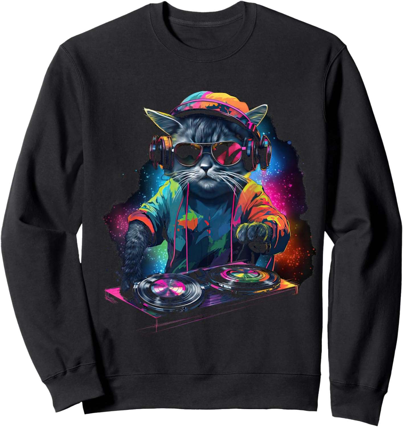DJ Cat With Headphones And Sunglasses Disco Cats Sweatshirt - Sweatshirt | Black