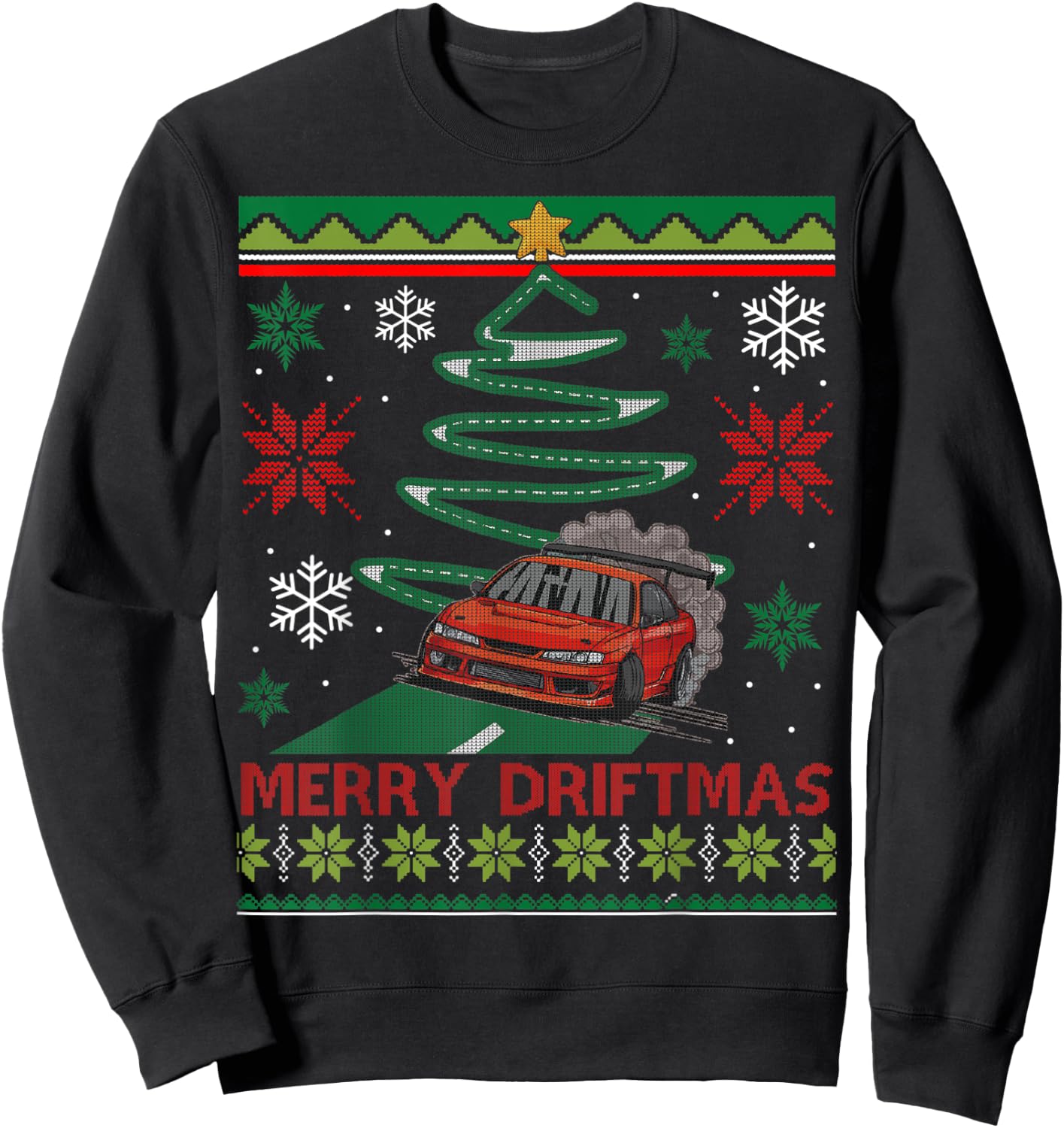 Merry Driftmas Street Racing Christmas Drifting Car Tree Sweatshirt - Sweatshirt | Black
