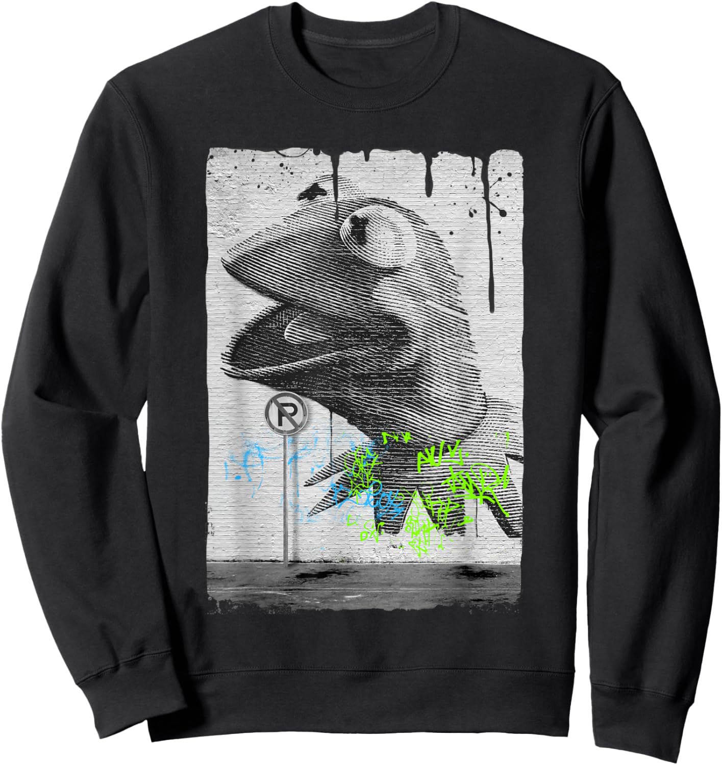 Disney The Muppets Kermit The Frog Distressed Overlay Panel Sweatshirt - Sweatshirt | Black