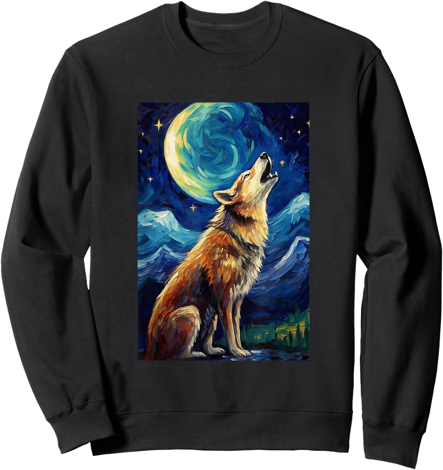 Wolf howls at moon - Van Gogh Style - Starry Night Sweatshirt - Sweatshirt | Black