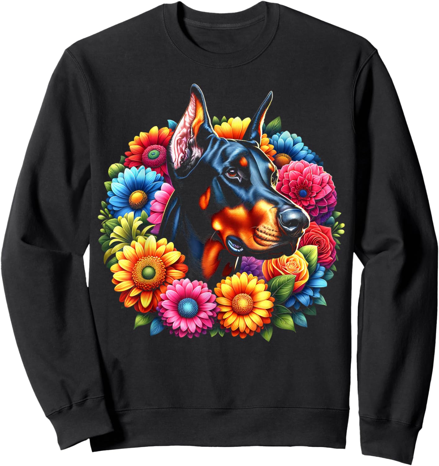 Cute Doberman Portrait in Colourful Flowers Sweatshirt - Sweatshirt | Black