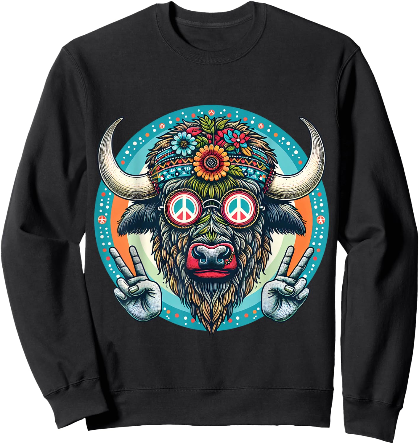 Buffalo Hippie with Peace signs floral Sweatshirt - Sweatshirt | Black