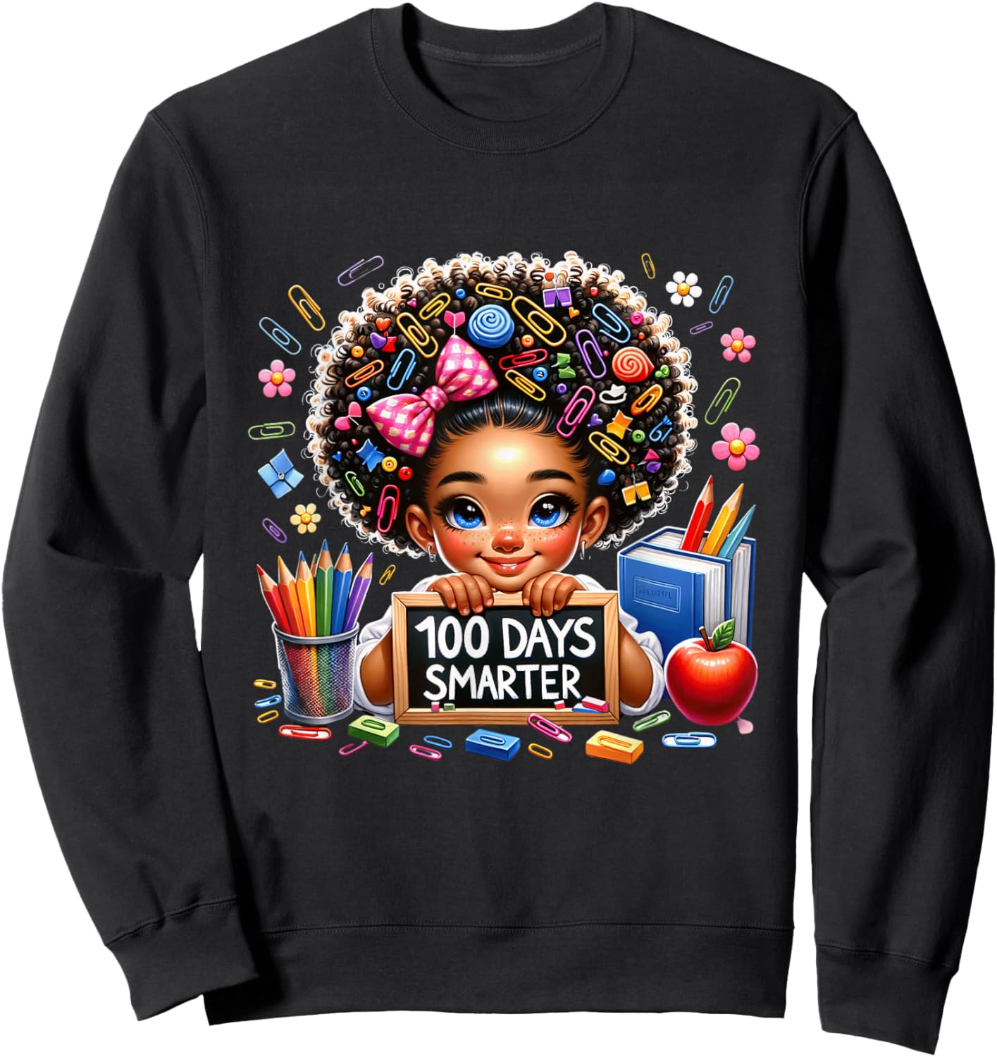 100 Days Smarter Afro Girls Messy Bun 100th Day Of School Sweatshirt - Sweatshirt | Black