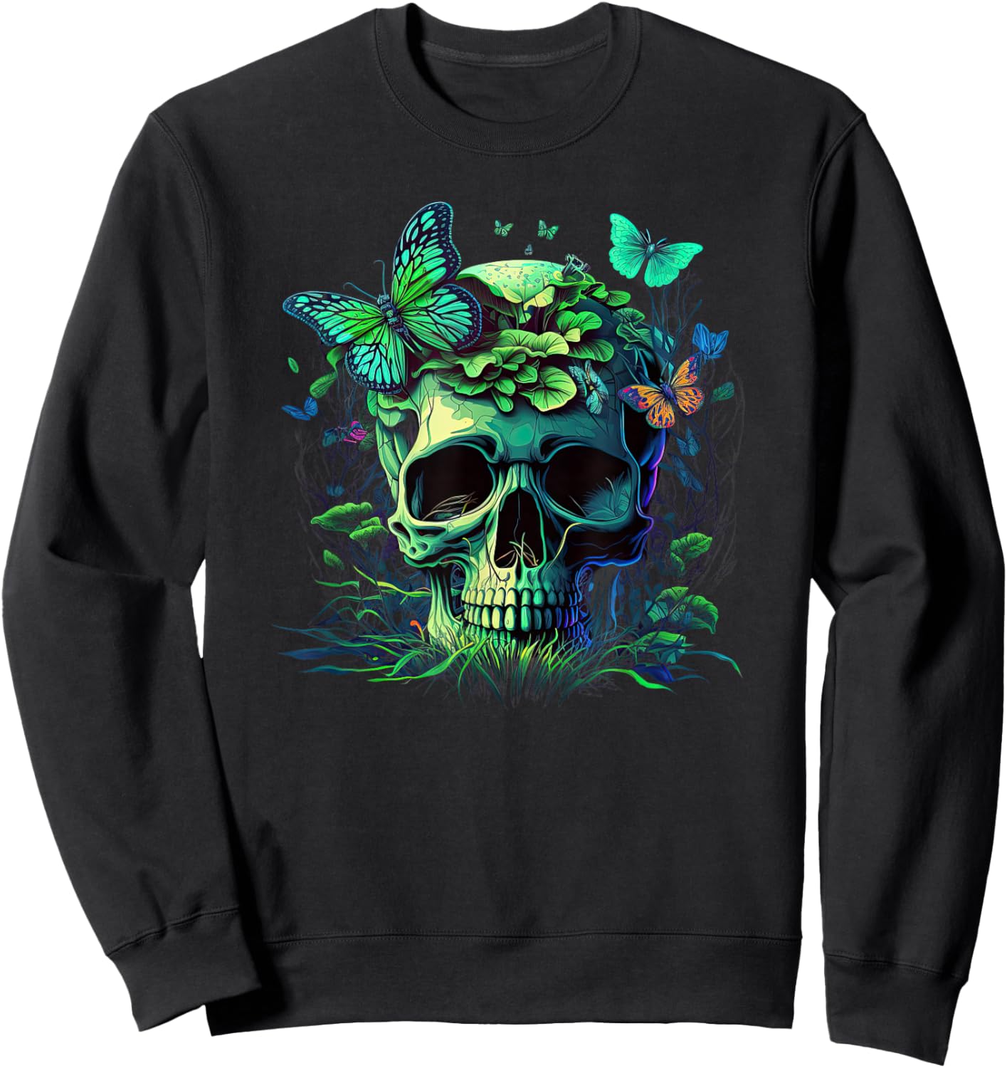 Skull with Vibrant Butterfly flower and mushroom Sweatshirt - Sweatshirt | Black