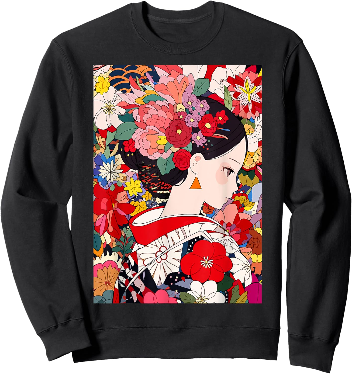 Japanese Flower Kimono Girl Cute Kawaii Anime Art Sweatshirt - Sweatshirt | Black