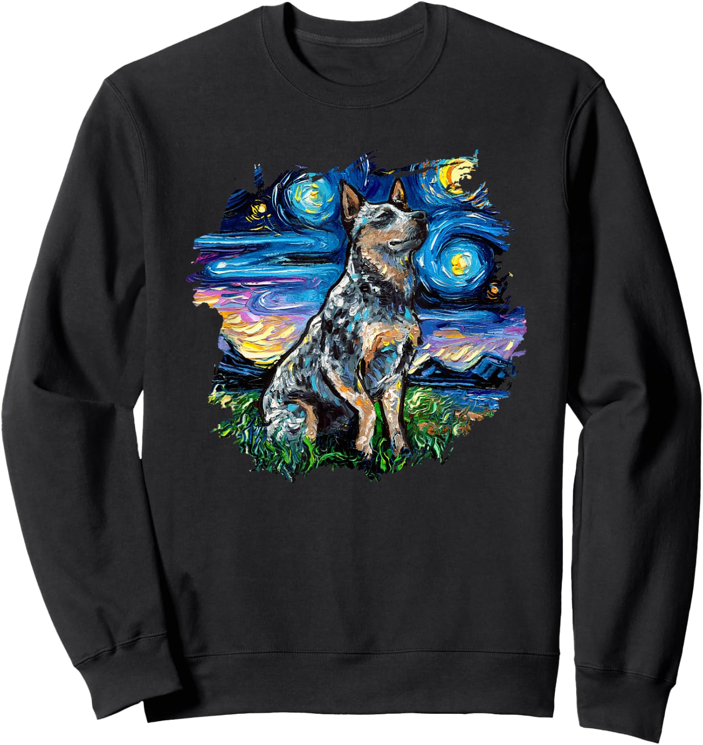 Blue Heeler with border Starry Night Dog Art by Aja Sweatshirt - Sweatshirt | Black